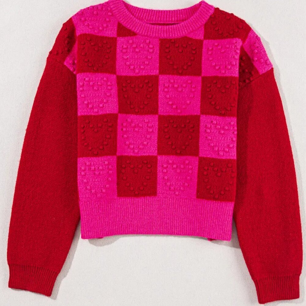 NWT Hot Pink & Red Plaid Heart Round Neck Valentine's Sweater - Picture 2 of 11